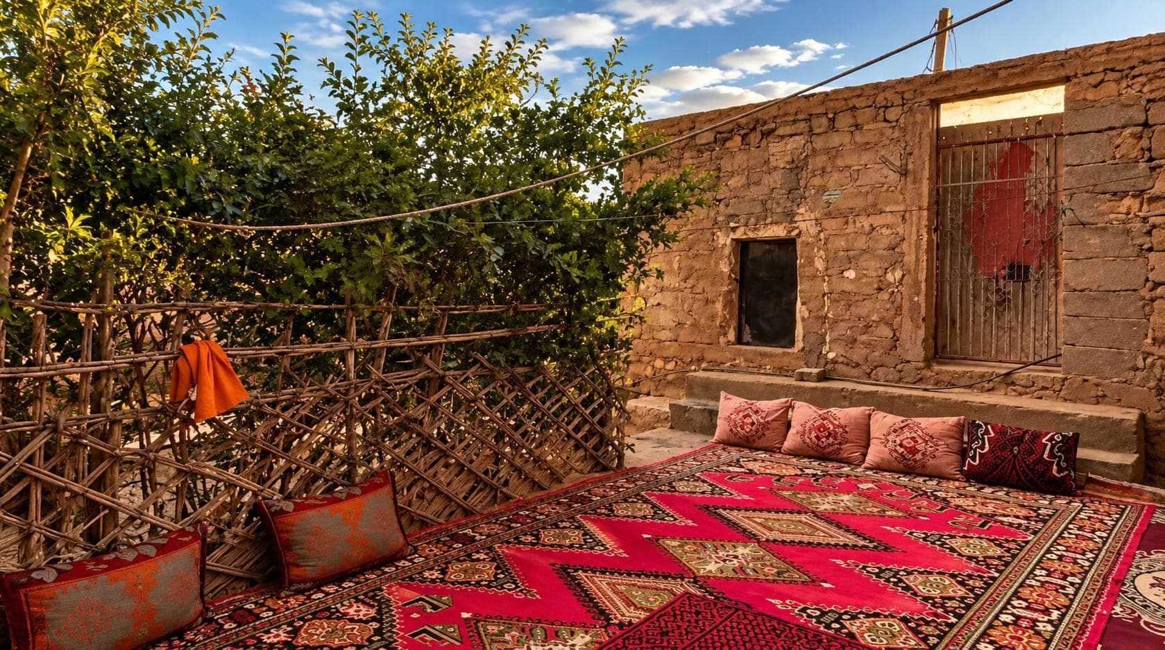 Cour de Dar Aghmoul Atlas, tapis amazigh et banquettes au soleil