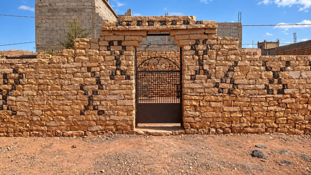 Stone and wrought-iron gateway at the arrival of the house